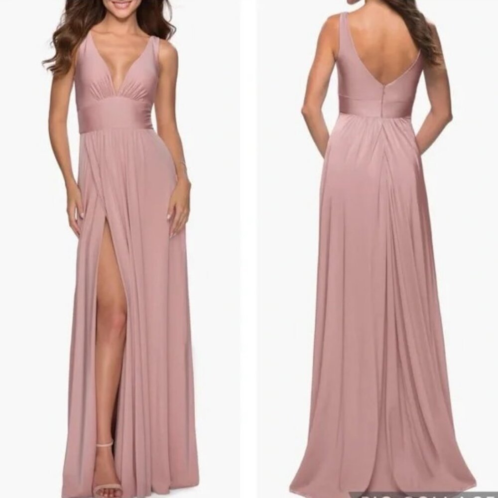 NWT LA FEMME Plunge Neck High Slit Party Gown Sleeveless Mauve Pink 4 MSRP $318